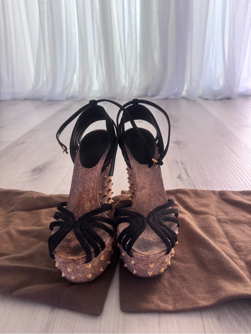 Gucci Black Strappy Cork Platform Wedges with Gold Studs